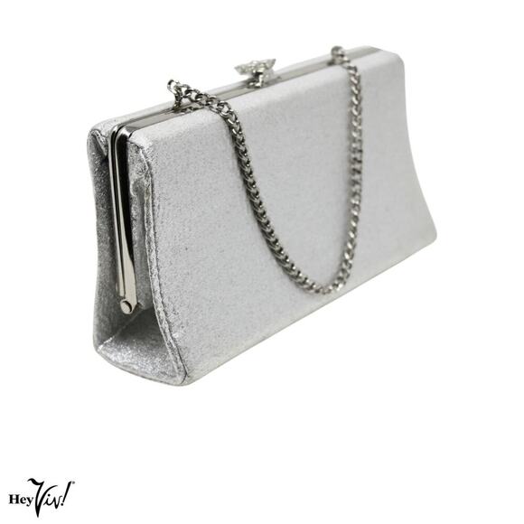 Vintage Cocktail Box Purse Clutch Handbag Silver Metallic w Chain 8x4 - Hey Viv - Picture 2 of 6